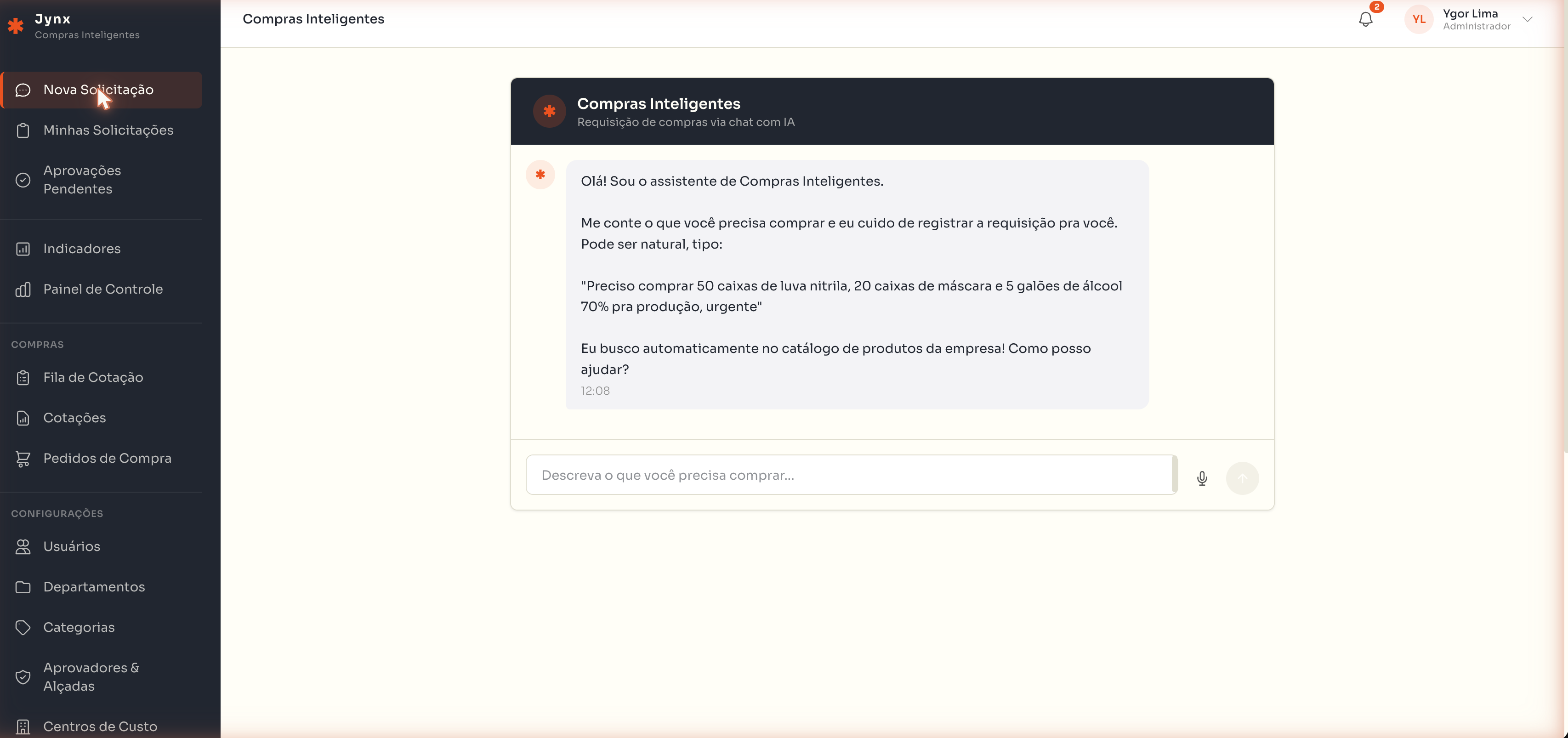 Chat de Nova Solicitação — requisição de compras com IA que busca no catálogo