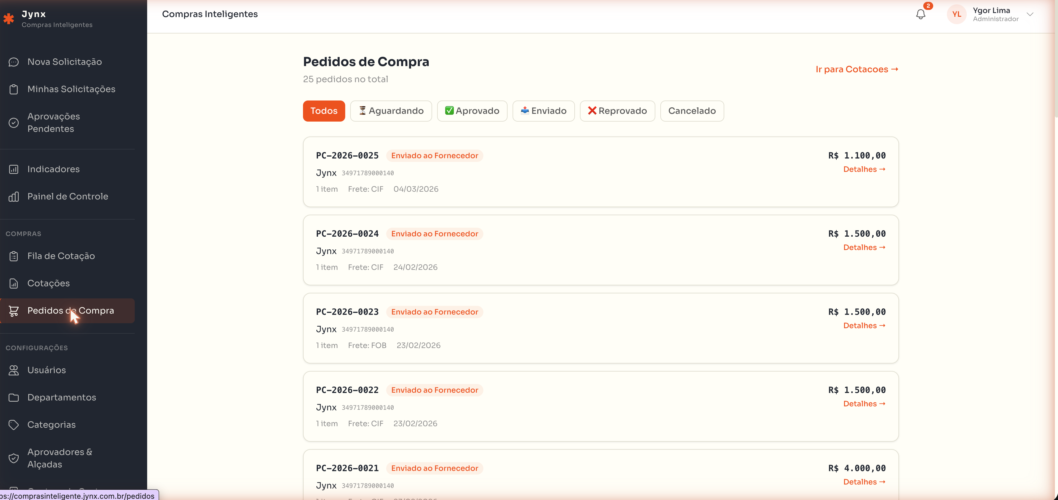 Pedidos de compra com status de aprovação e envio
